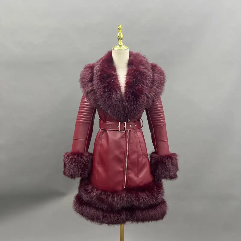 Eco-Friendly Leather Women's Mid-Length Coat with Faux Fur Cuffs and Belt44