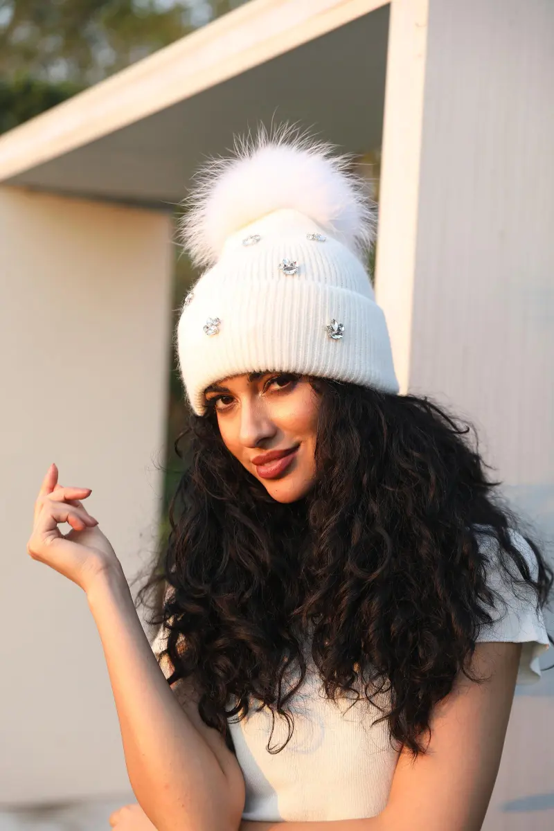 Ladies' Knitted Rabbit Fur Hat with Small Rhinestone Pompoms for Casual Wear9
