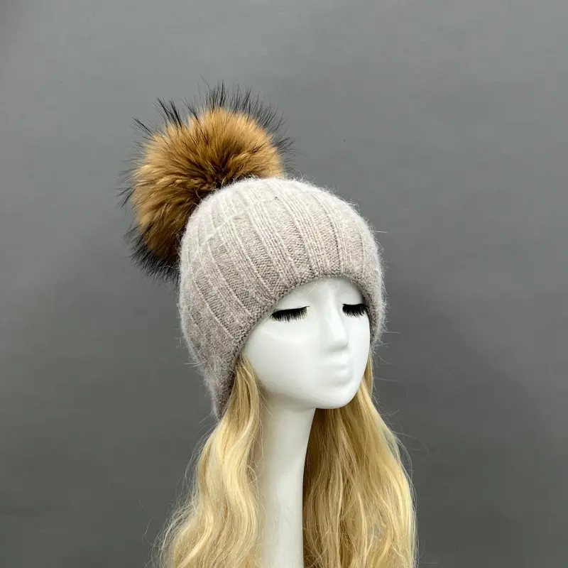 Thick Striped Rabbit Fur Pom Pom Cold-Weather Hat10