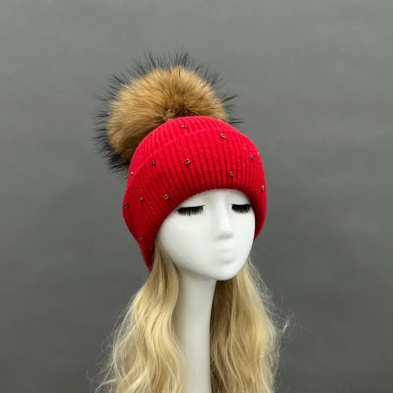 Women's Warm and Casual Rabbit Fur Hat with Sparkling Fur Pompoms20