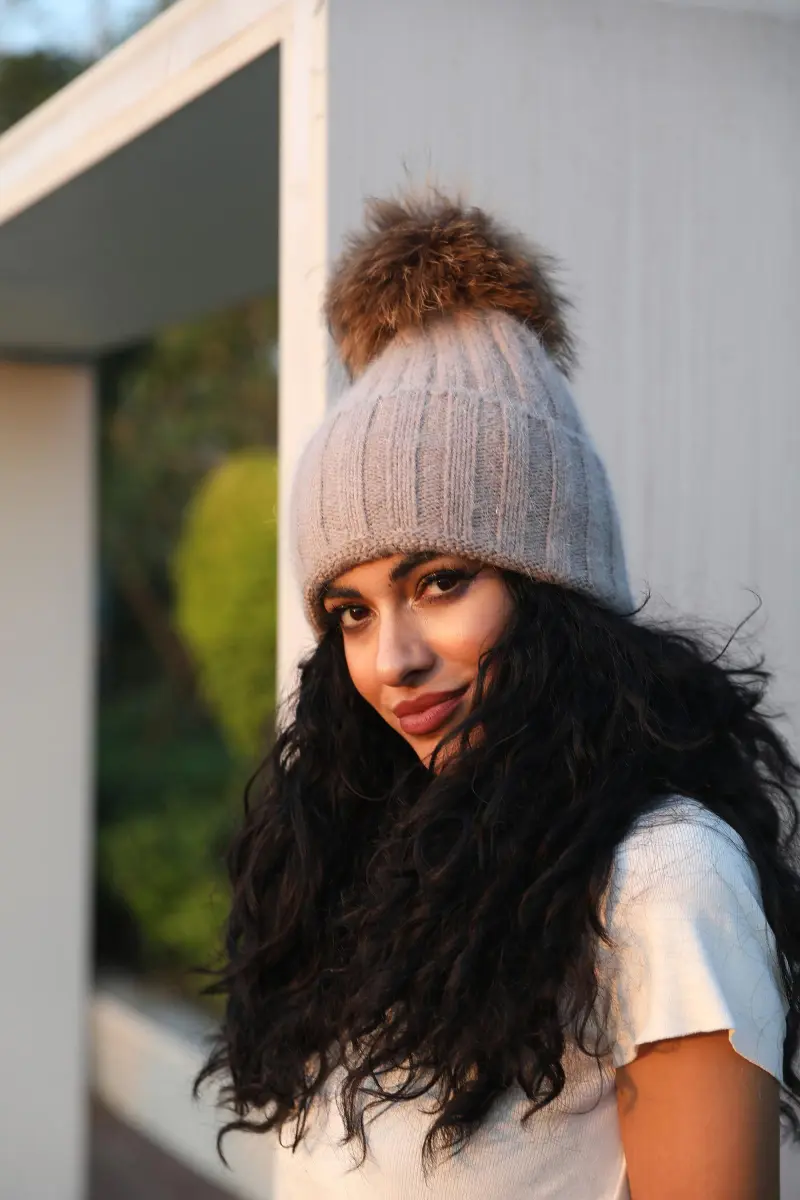 Thick Striped Rabbit Fur Pom Pom Cold-Weather Hat20
