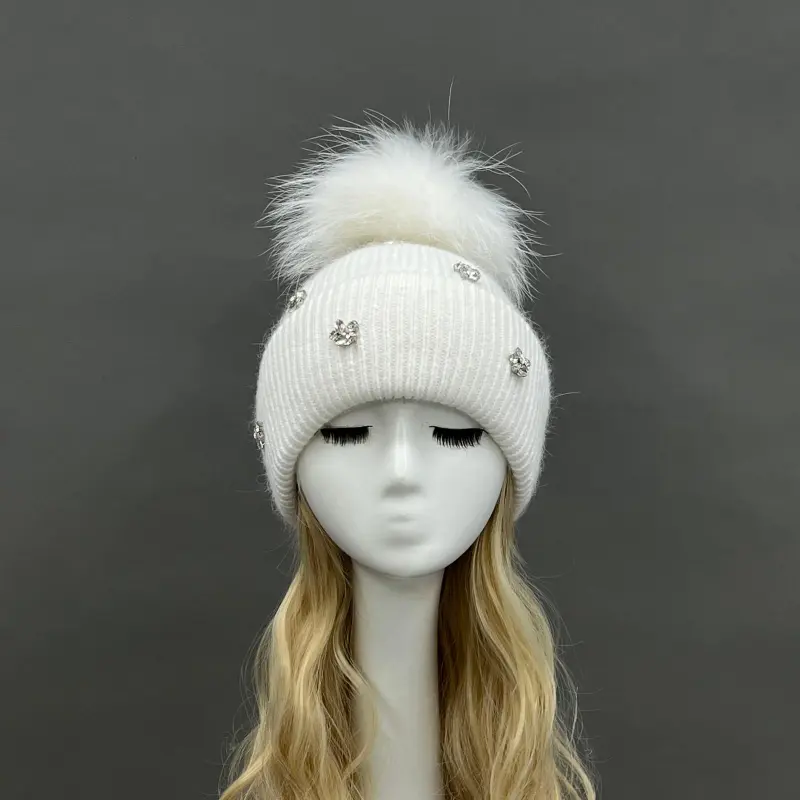 Ladies' Knitted Rabbit Fur Hat with Small Rhinestone Pompoms for Casual Wear5