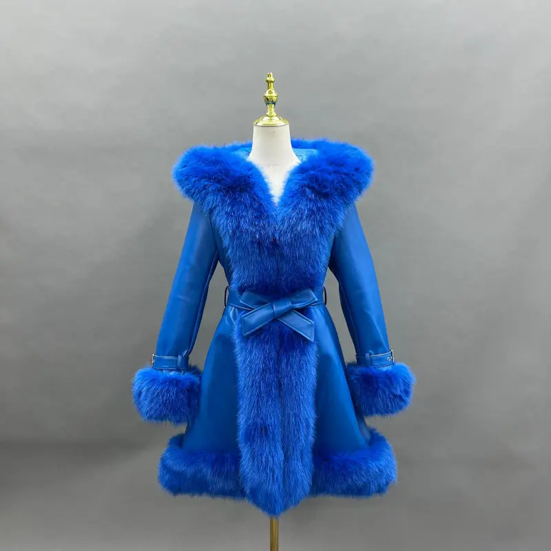 Eco-Friendly Leather and Fur Women's Long Belted Hooded Coat44