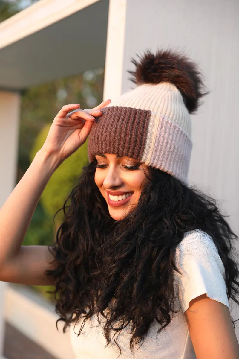 Women's Color-Blocked Trendy Rabbit Fur Hat with Pom Poms for Warmth6
