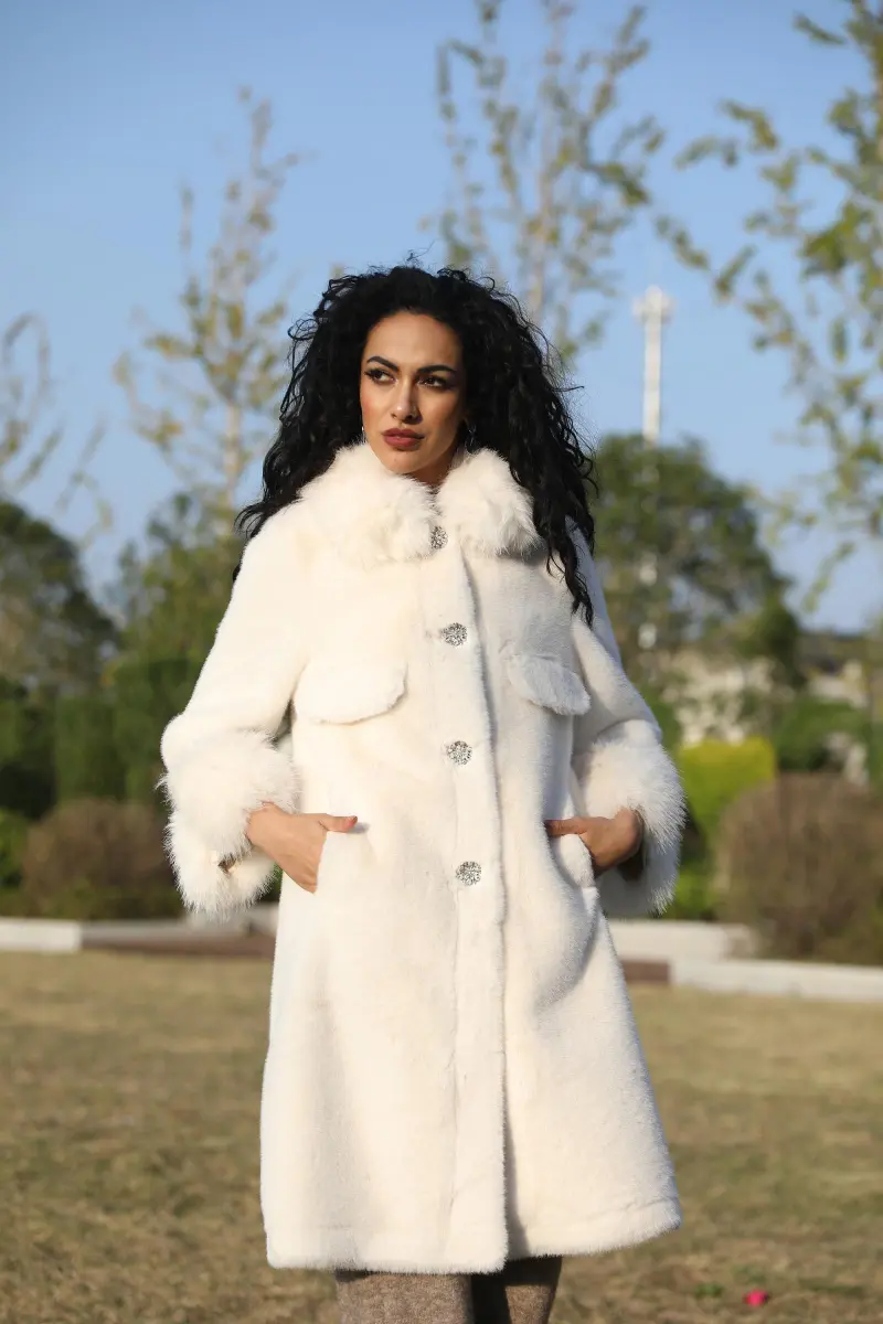 Eco-Friendly Mink Fur Faux Mink Fur Women's Jacket with Square Collar and Rhinestone Buttons
