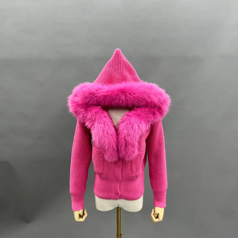 Women's Knitted Hooded Faux Fur Collar Active Fashion Jacket47