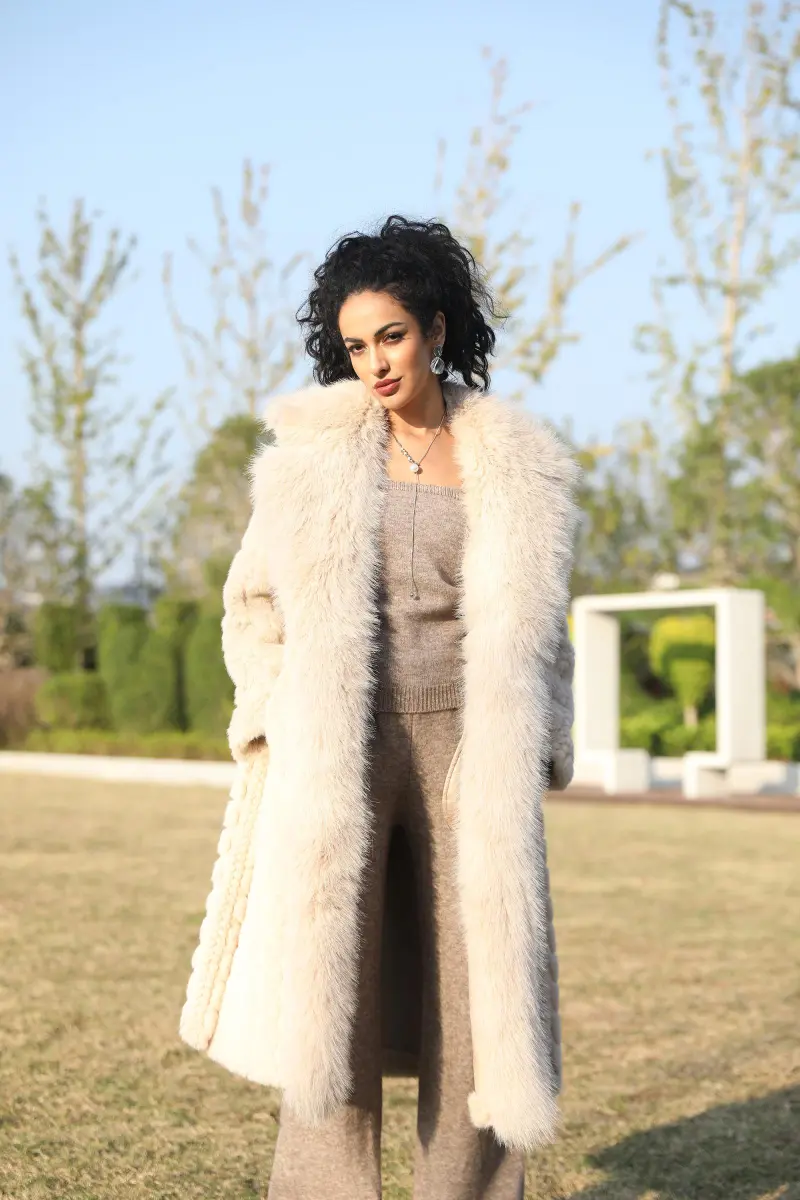 Eco-Friendly Faux Mink Fur Women's New Style Suit Collar Belted Long Coat1