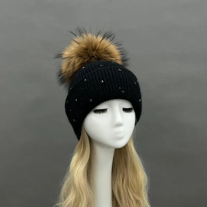Women's Warm and Casual Rabbit Fur Hat with Sparkling Fur Pompoms21