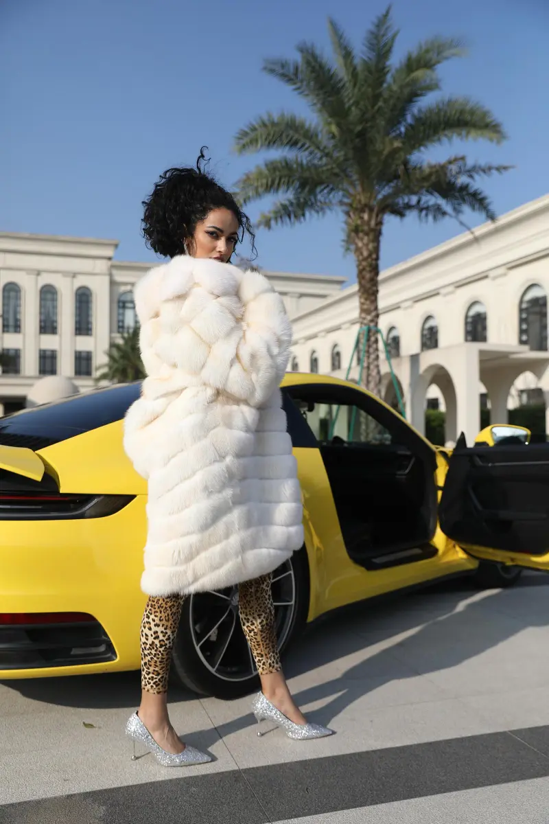 Women's Luxurious Fox Fur Lapel Striped Long Coat Fur Jacket 33