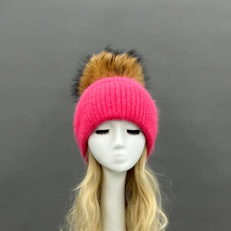 Women's Fashion Thin Striped Rabbit Fur Pom Pom Hat19