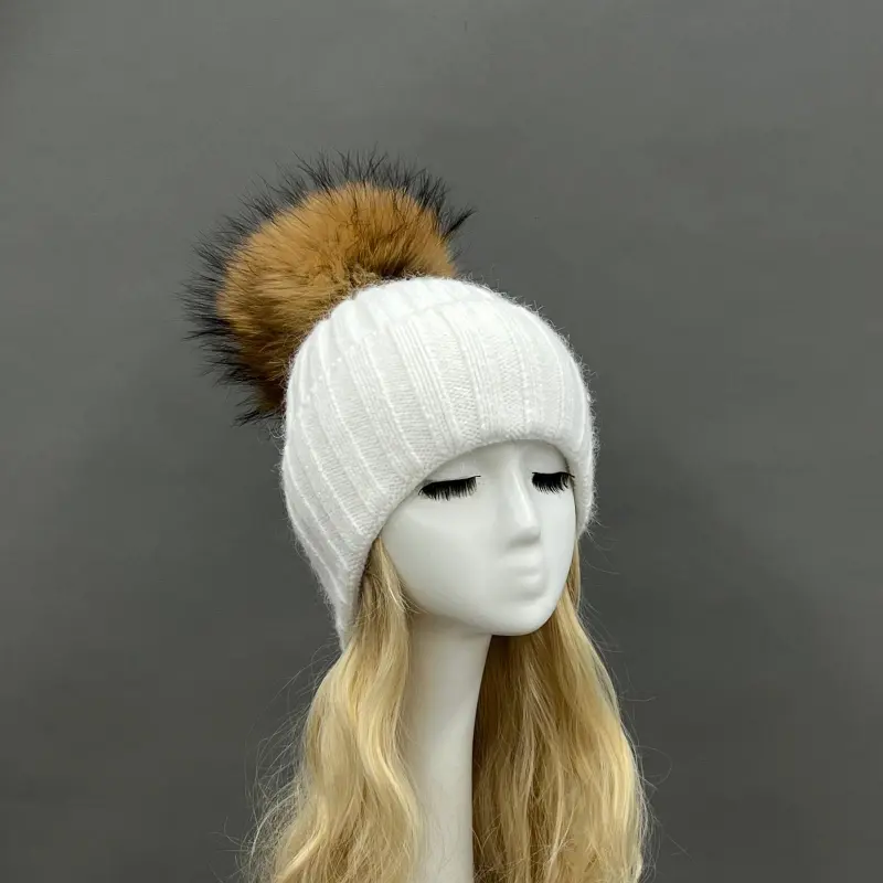 Thick Striped Rabbit Fur Pom Pom Cold-Weather Hat11