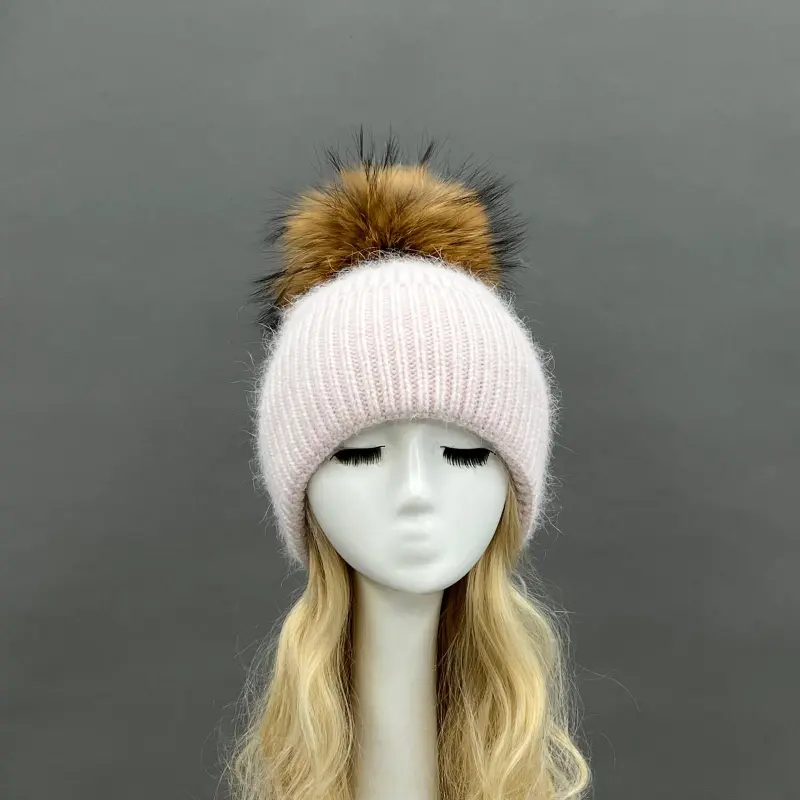 Women's Fashion Thin Striped Rabbit Fur Pom Pom Hat17