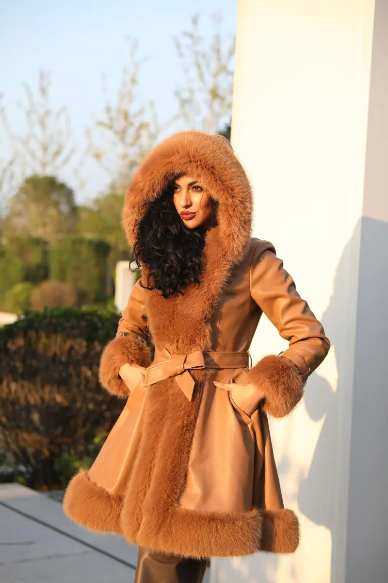 Eco-Friendly Leather and Fur Women's Long Belted Hooded Coat23