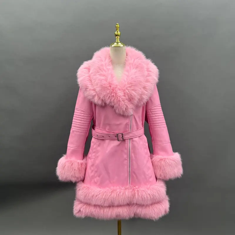 Eco-Friendly Leather Women's Mid-Length Coat with Faux Fur Cuffs and Belt29