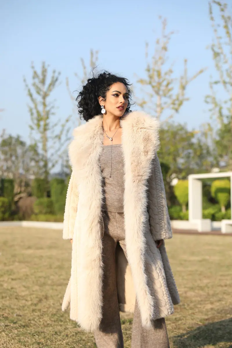 Eco-Friendly Faux Mink Fur Women's New Style Suit Collar Belted Long Coat6