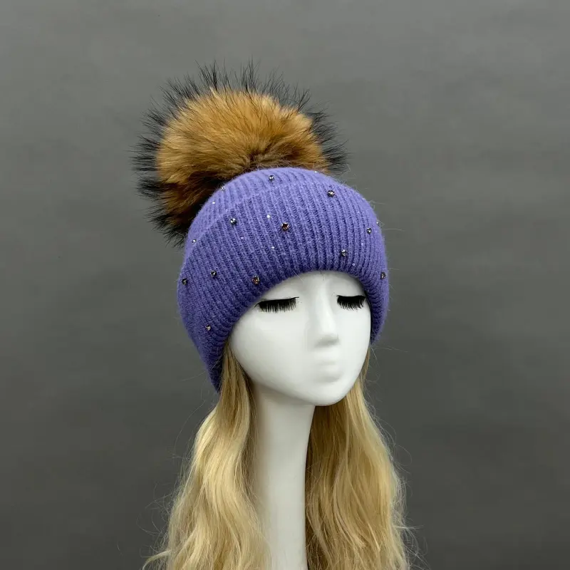 Women's Warm and Casual Rabbit Fur Hat with Sparkling Fur Pompoms18