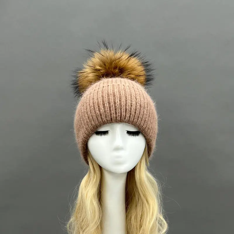 Women's Fashion Thin Striped Rabbit Fur Pom Pom Hat16