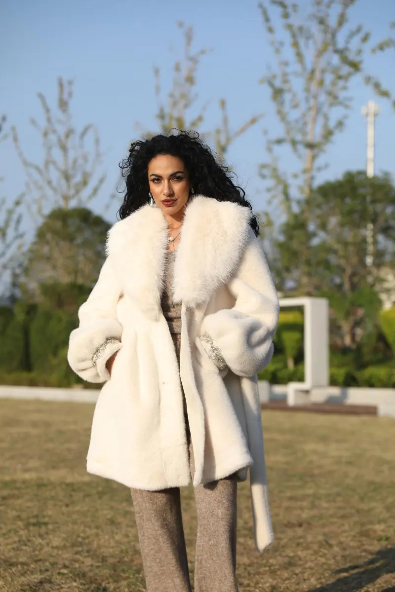 Eco-Friendly Faux Mink Fur Women's Jacket with Shawl Collar and Rhinestone Trim2