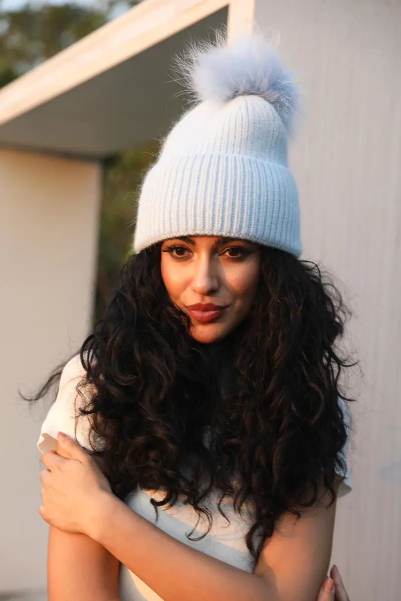 Women's Fashion Thin Striped Rabbit Fur Pom Pom Hat12
