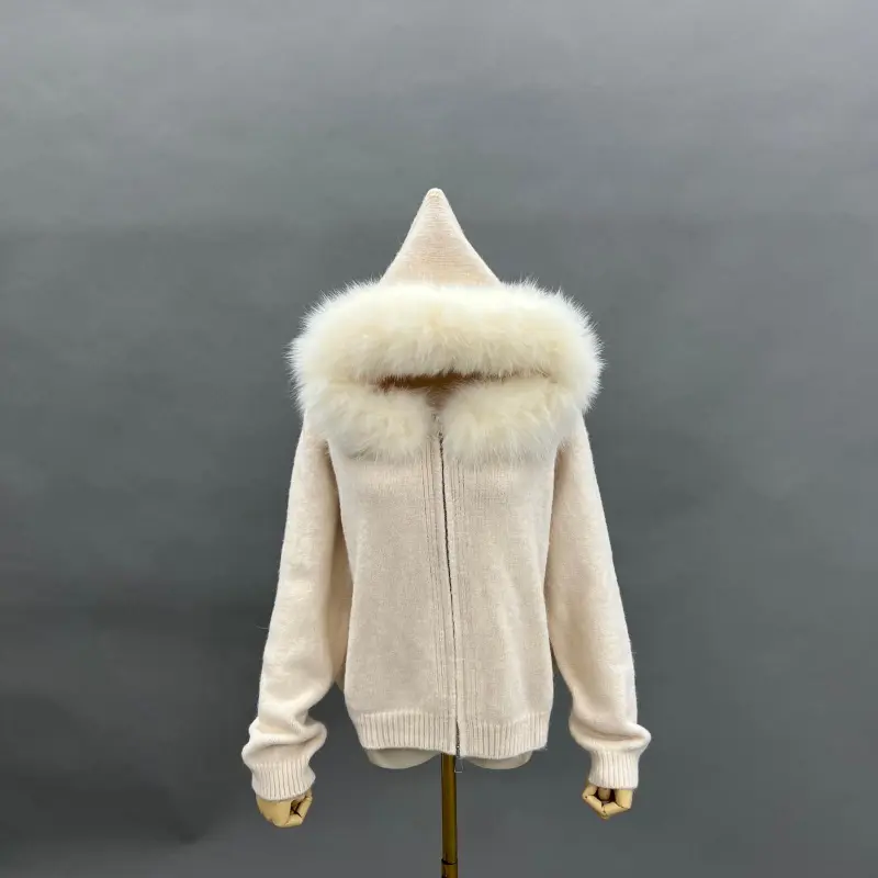 Goose Down-Lined Women's Segmented Fox Fur Placket Hooded Down Jacket36