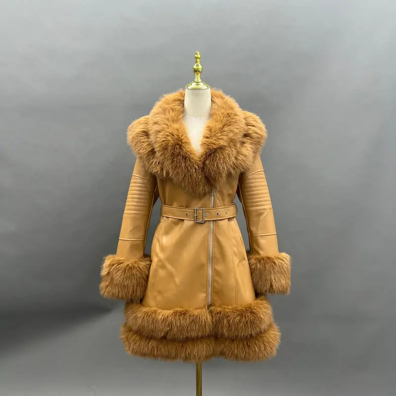 Eco-Friendly Leather Women's Mid-Length Coat with Faux Fur Cuffs and Belt50