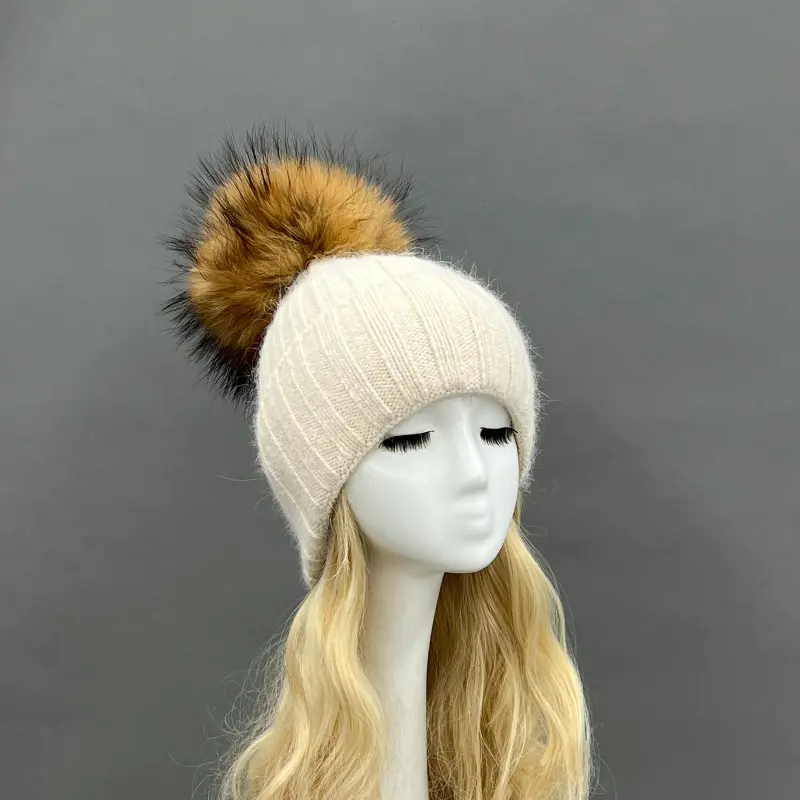 Thick Striped Rabbit Fur Pom Pom Cold-Weather Hat13