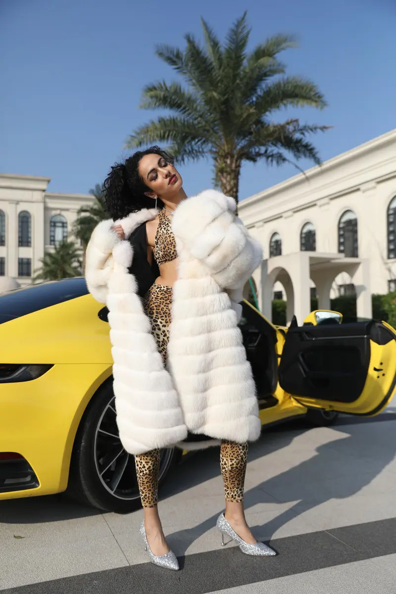 Women's Luxurious Fox Fur Lapel Striped Long Coat Fur Jacket 44