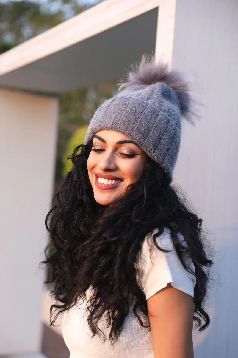 Thick Striped Rabbit Fur Pom Pom Cold-Weather Hat10