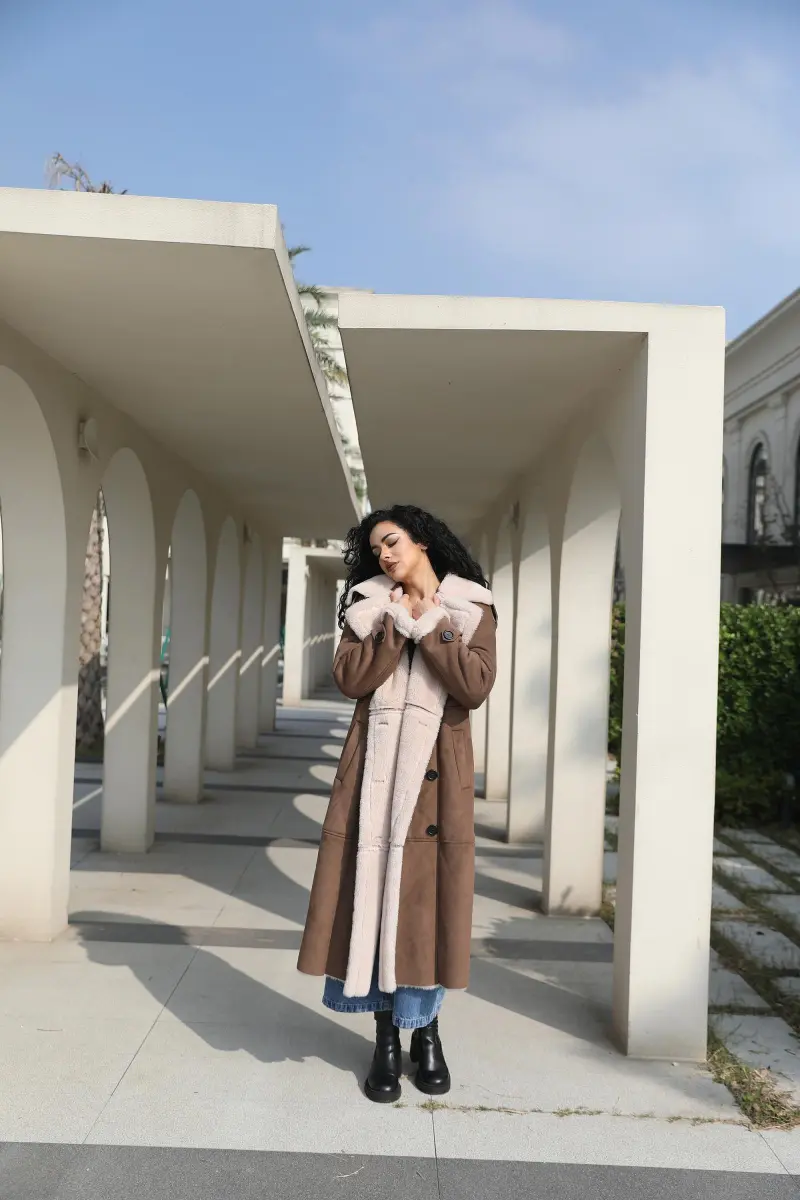 Leather and Fur Combo Merlot Double-Breasted Women's Vintage Long Coat7
