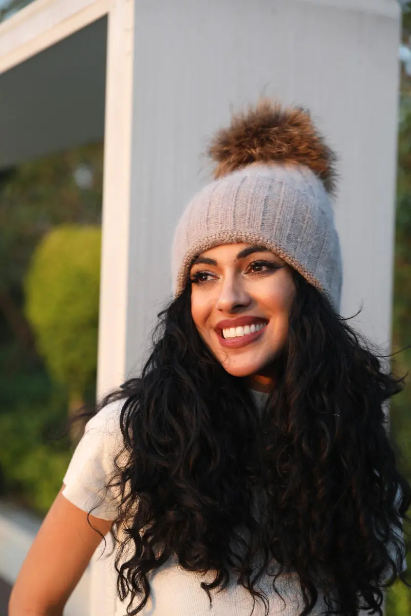 Thick Striped Rabbit Fur Pom Pom Cold-Weather Hat13