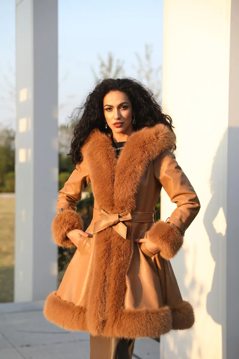 Eco-Friendly Leather and Fur Women's Long Belted Hooded Coat12