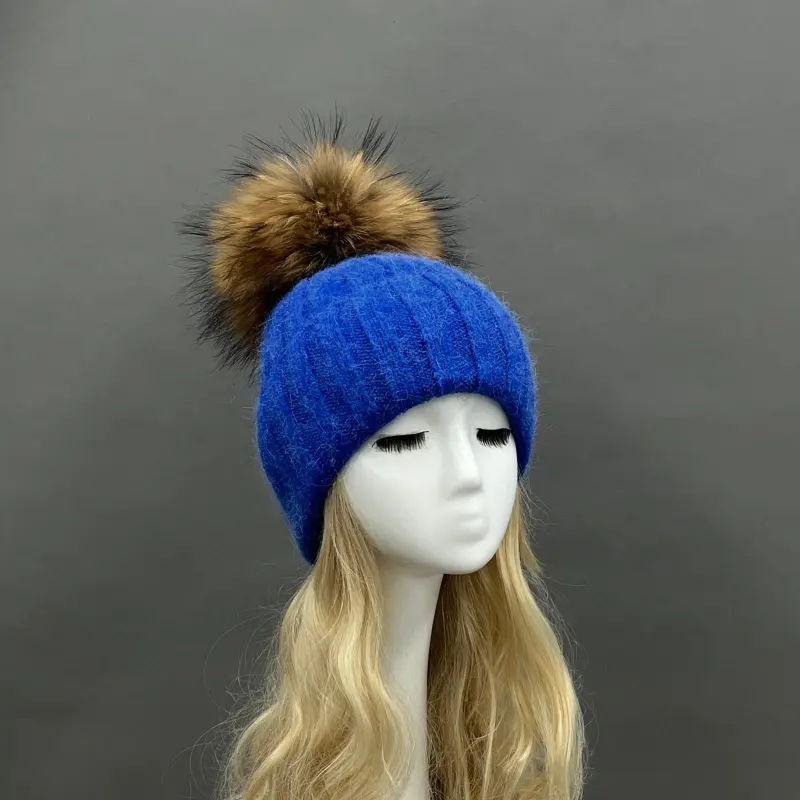 Thick Striped Rabbit Fur Pom Pom Cold-Weather Hat17