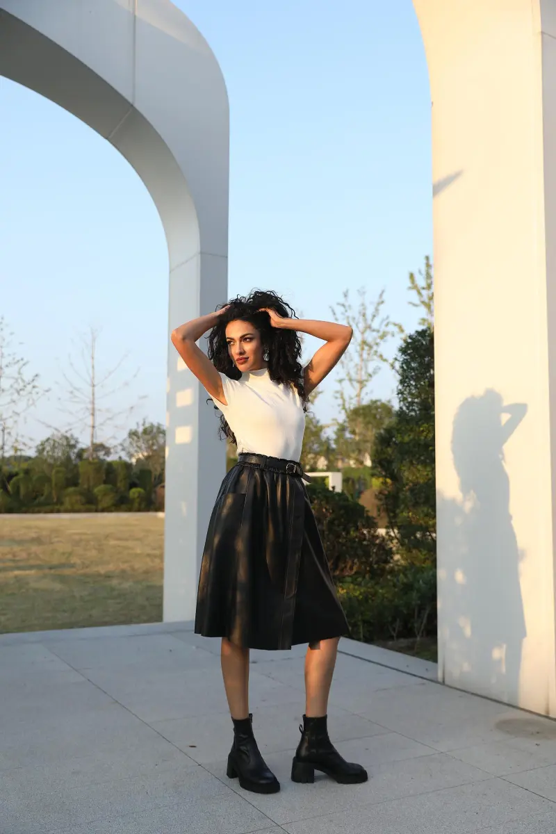 Women's A-Line Draped Mid-Length Versatile Leather Skirt4