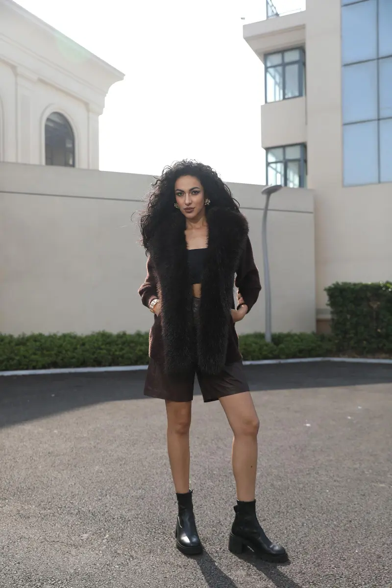 Women's Fox Fur-Like Knit Coat with Faux Mink Placket and Faux Fur Collar1