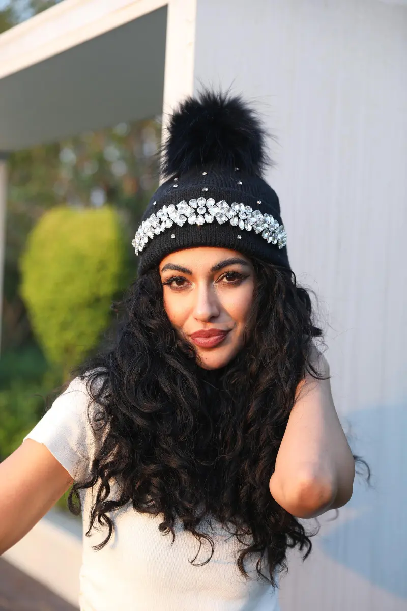Women's Rabbit Fur Hat with Large Crystal-Studded Pompoms for Casual Wear4