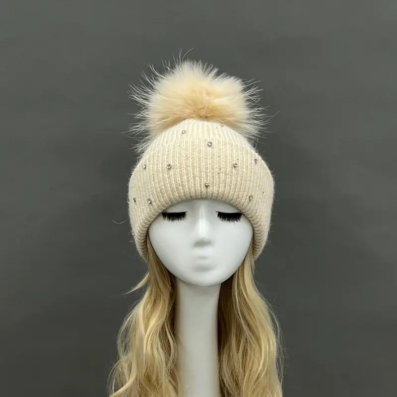 Women's Warm and Casual Rabbit Fur Hat with Sparkling Fur Pompoms10