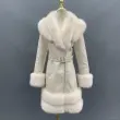 Eco-Friendly Leather Women's Mid-Length Coat with Faux Fur Cuffs and Belt3