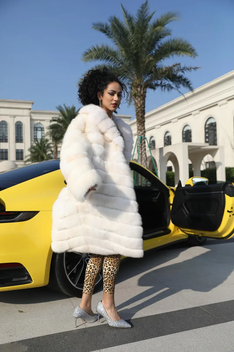 Women's Luxurious Fox Fur Lapel Striped Long Coat Fur Jacket 38