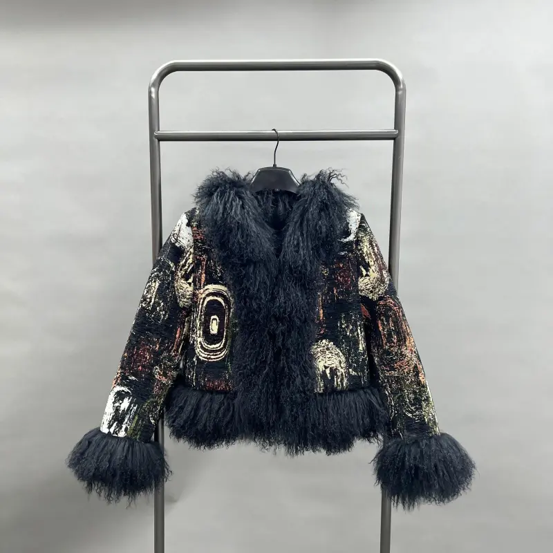 Stylish Mongolian Lamb Fur Women's Patchwork Fabric Outerwear Fur Jacket11