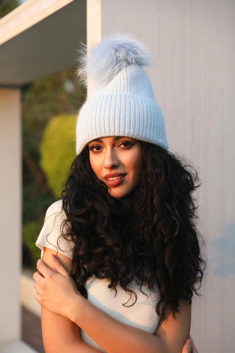 Women's Fashion Thin Striped Rabbit Fur Pom Pom Hat3