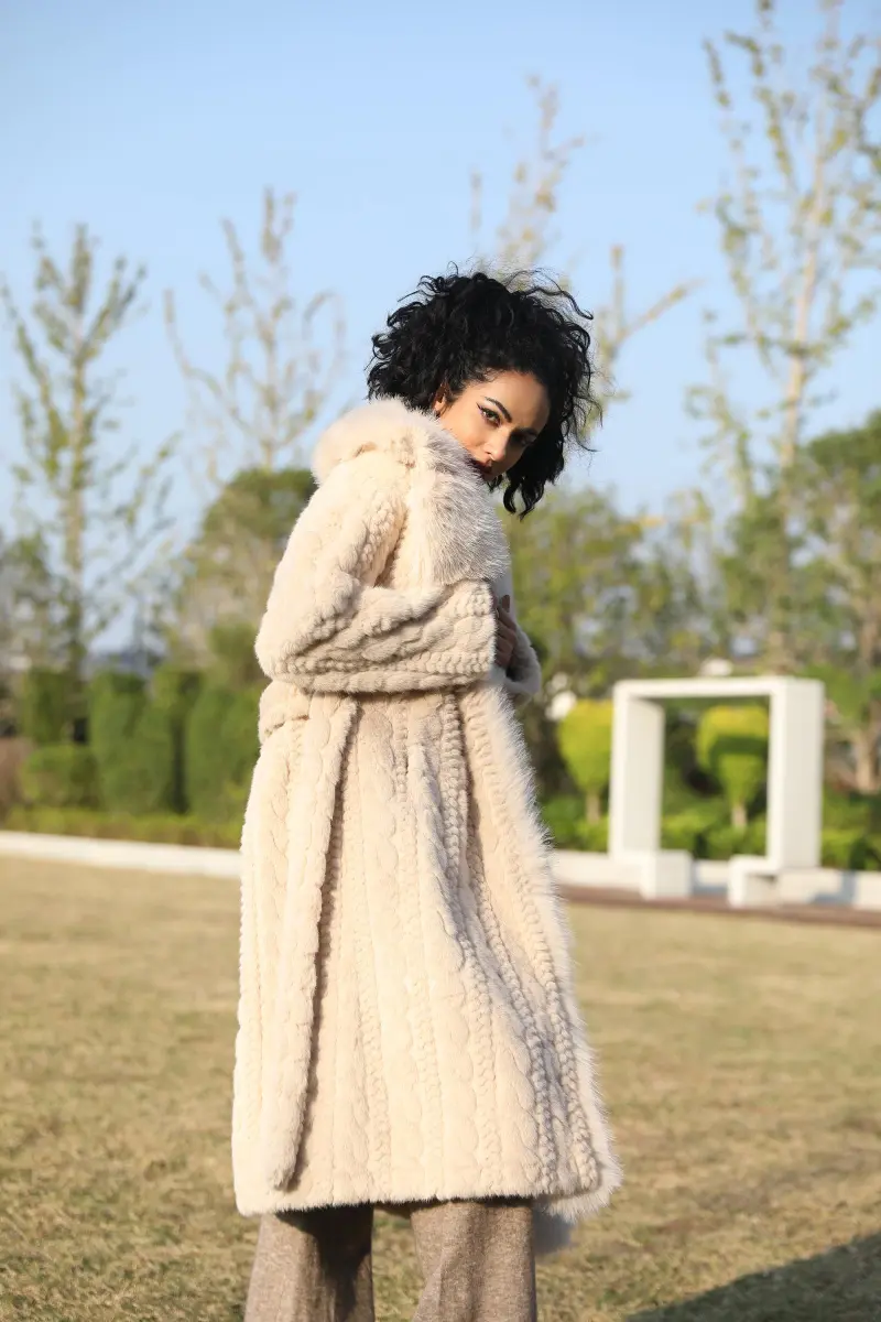 Eco-Friendly Faux Mink Fur Women's New Style Suit Collar Belted Long Coat13