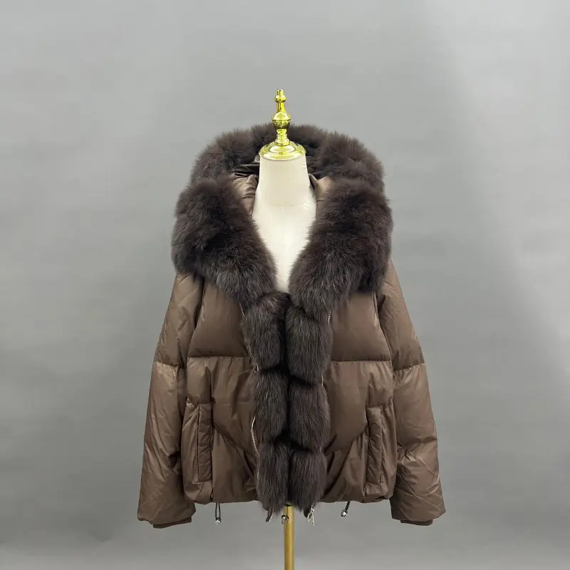 Goose Down-Lined Women's Segmented Fox Fur Placket Hooded Down Jacket20
