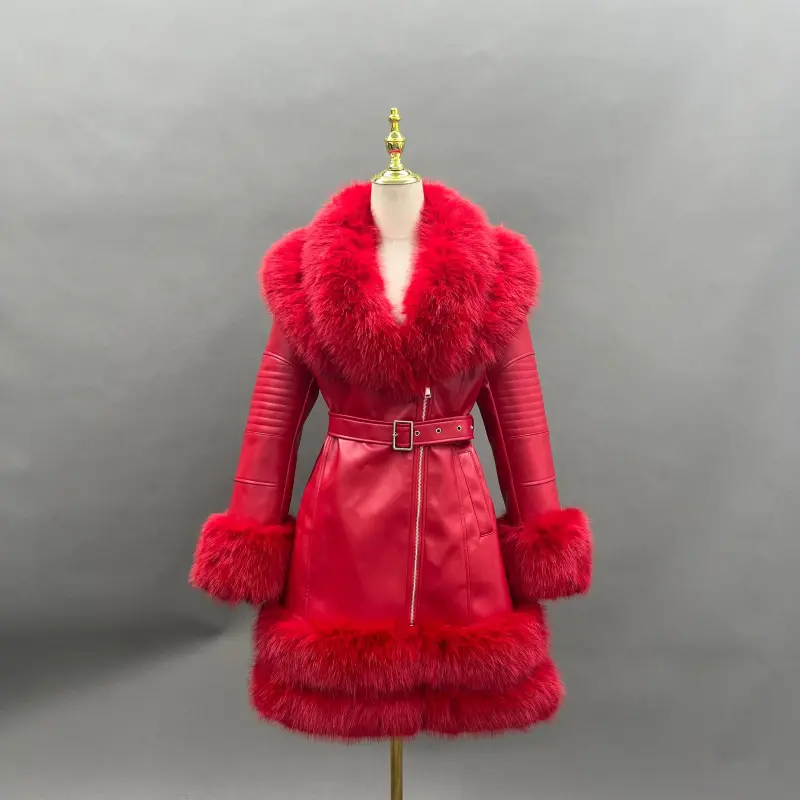 Eco-Friendly Leather Women's Mid-Length Coat with Faux Fur Cuffs and Belt47