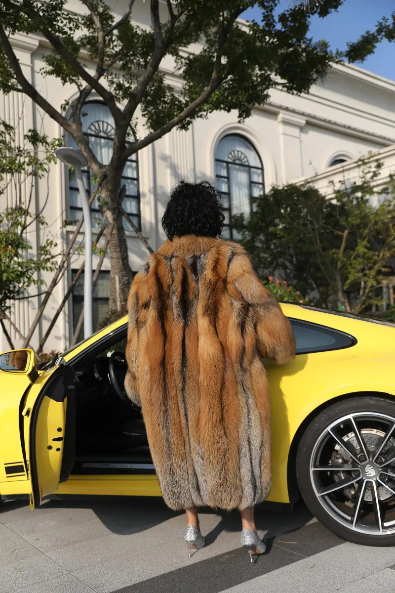 Gold-Edged Fox Fur Women's Luxurious High-Quality Long Coat with Lapel44