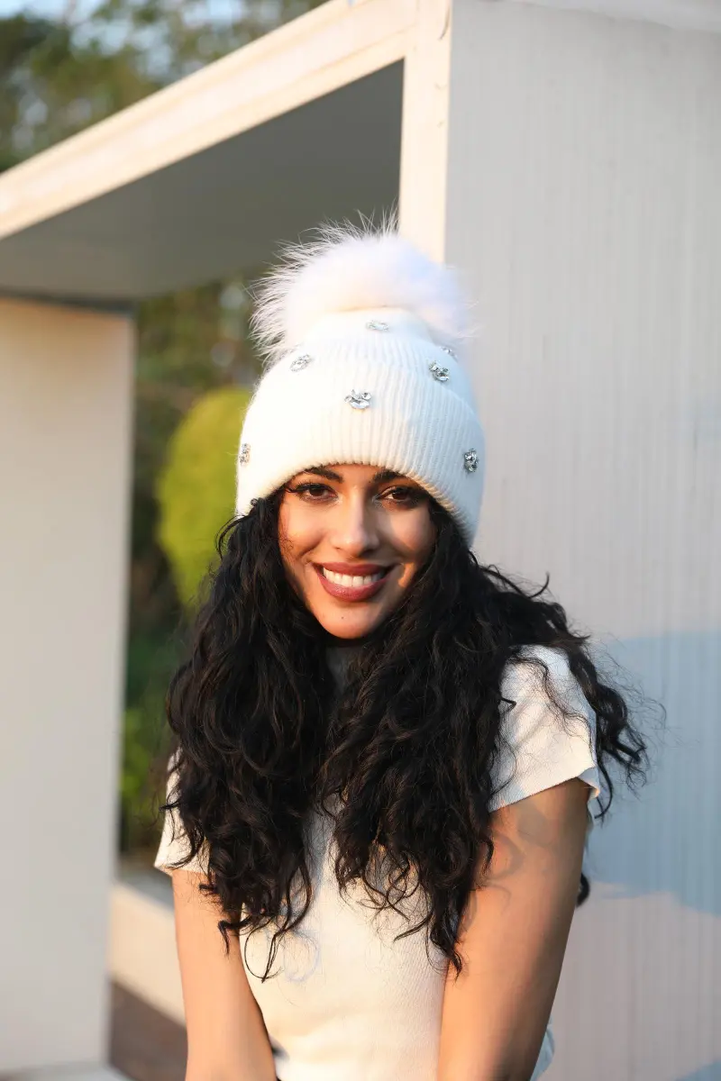 Ladies' Knitted Rabbit Fur Hat with Small Rhinestone Pompoms for Casual Wear1