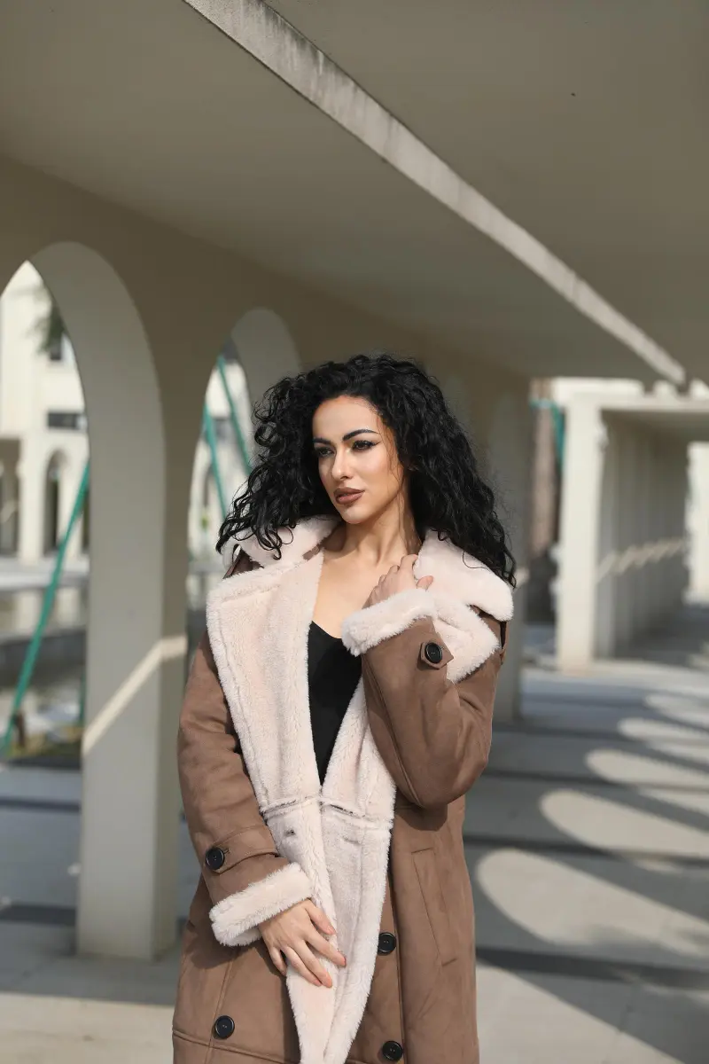 Leather and Fur Combo Merlot Double-Breasted Women's Vintage Long Coat25