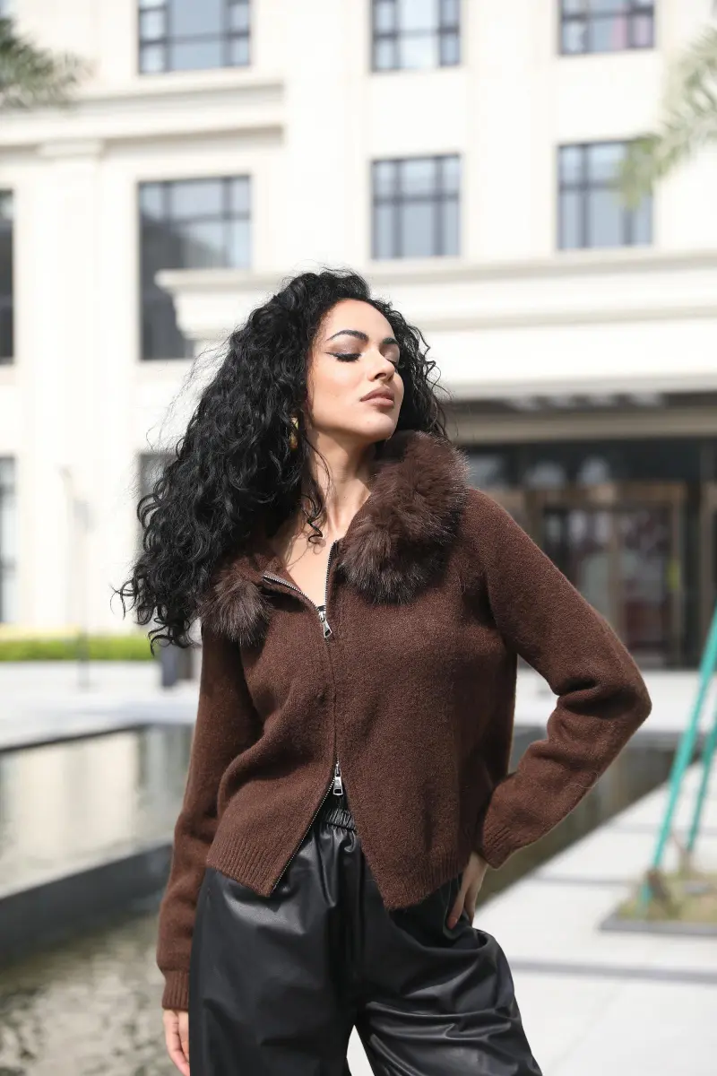 Goose Down-Lined Women's Segmented Fox Fur Placket Hooded Down Jacket13