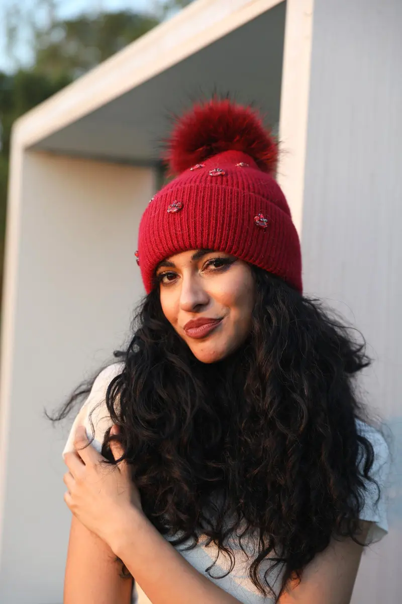 Ladies' Knitted Rabbit Fur Hat with Small Rhinestone Pompoms for Casual Wear13