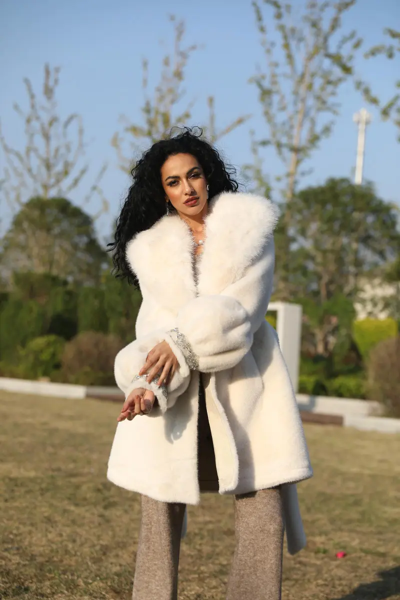 Eco-Friendly Faux Mink Fur Women's Jacket with Shawl Collar and Rhinestone Trim