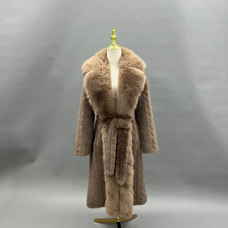 Eco-Friendly Faux Mink Fur Women's New Style Suit Collar Belted Long Coat10